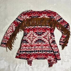 Ariat Tribal Duster Women's S Fringe Tight Knit Long Sweater Red Black Cream SW